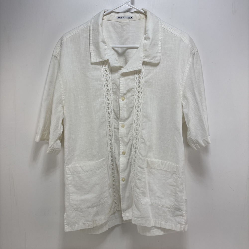 Zara Mens White Guayabera Short‎ Sleeve Shirt Size XL Crochet Pockets Beach